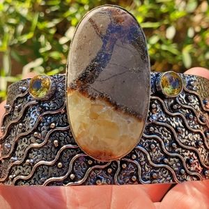 New Septarian (Dragon Stone) and Citrine 925 Silver Cuff Bracelet.